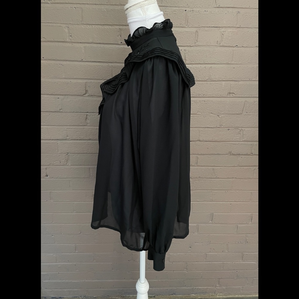 Vintage black ruffle collar shear blouse  XL - Picture 7 of 12